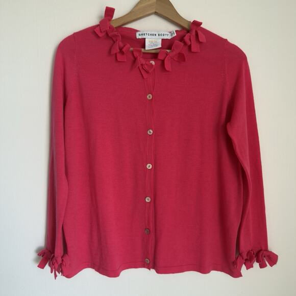 Gretchen Scott Designs Sweaters - GRETCHEN SCOTT | Breakfast At Tiffany’s Wool Pink Easter Cardigan Bows | Size L